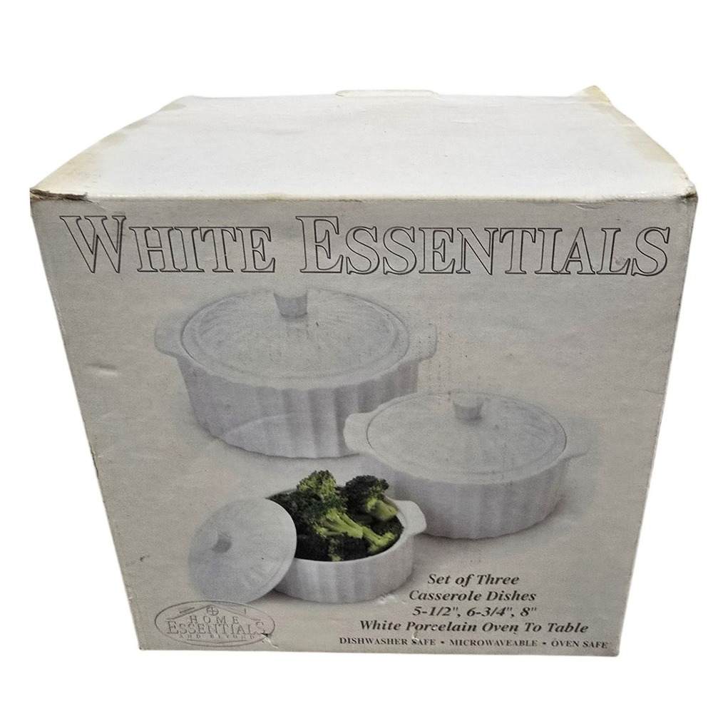 Home Essentials White Porcelain Casserole Dishes Set of 3 New with Flawed Box